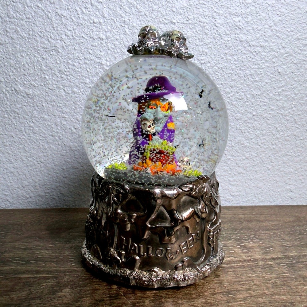 Wallace Halloween Witch Snow Globe Animated Lighted Bats Silverplate Vintage